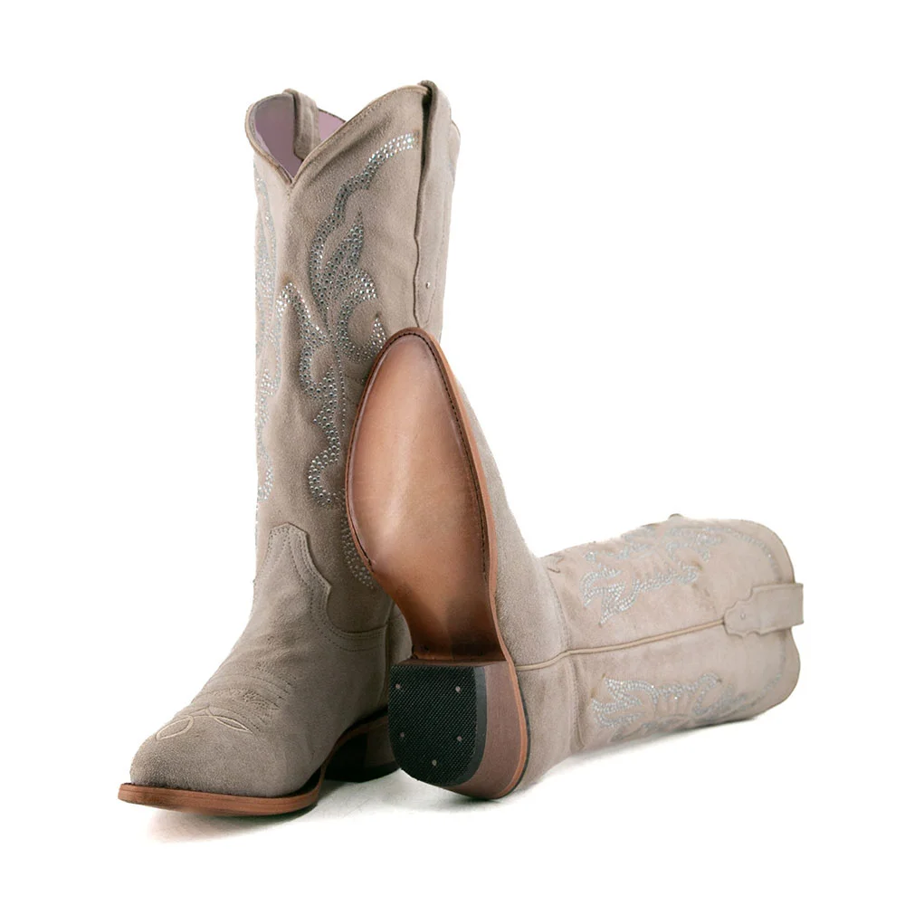 Taupe Vegan Suede Rhinestone Low Heel Almond Toe Western Boots for Women