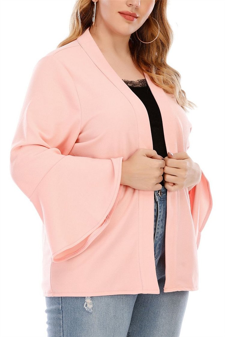 Plus Size Casual Pink Flare Sleeve Long Sleeve Cardigan  flycurvy [product_label]