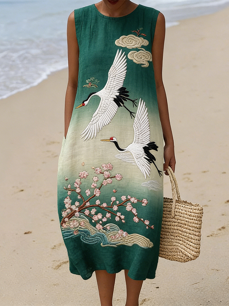 Vintage Crane Cherry Blossom Gradient Linen Tank Dress wearshes