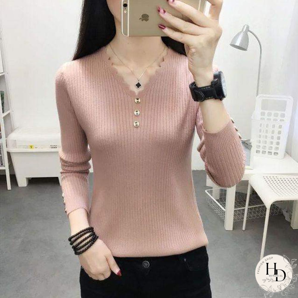 Sexy V Neck Buttons Solid Sweaters Pullover Women Autumn Winter Casual Long Sleeve Knitted Tops Ladies Bodycon Jumper Large Size