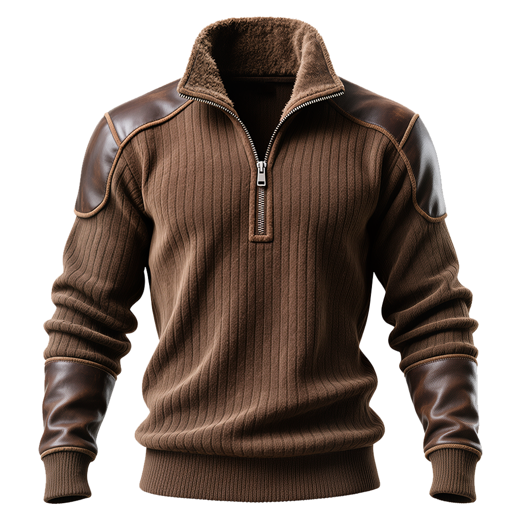 Men's Vintage Brown Ribbed Sweatshirt With Leather Accents And Fleece Collar-inspireuse