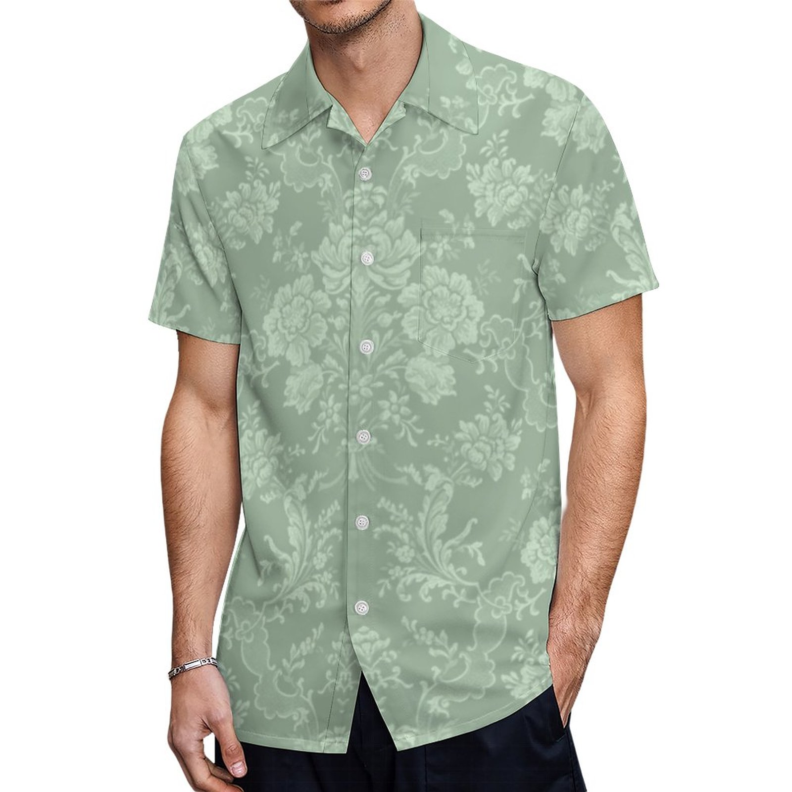 Elegant Romantic Chic Floral Damask Sage Green Hawaiian Shirt Mens Button Down Tropical Hawaii Beach Shirts