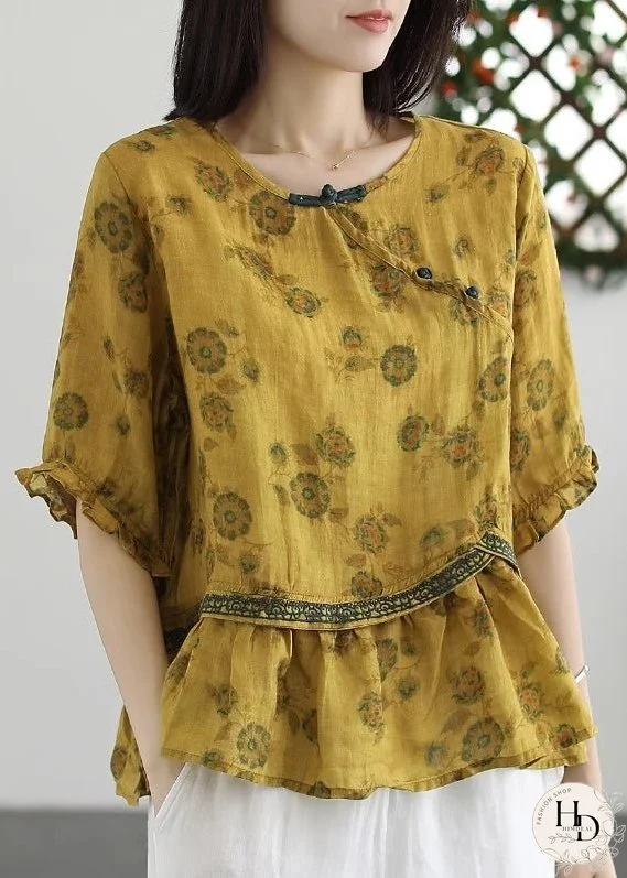 Yellow Embroideried Wrinkled Patchwork Cotton Tops O Neck Summer
