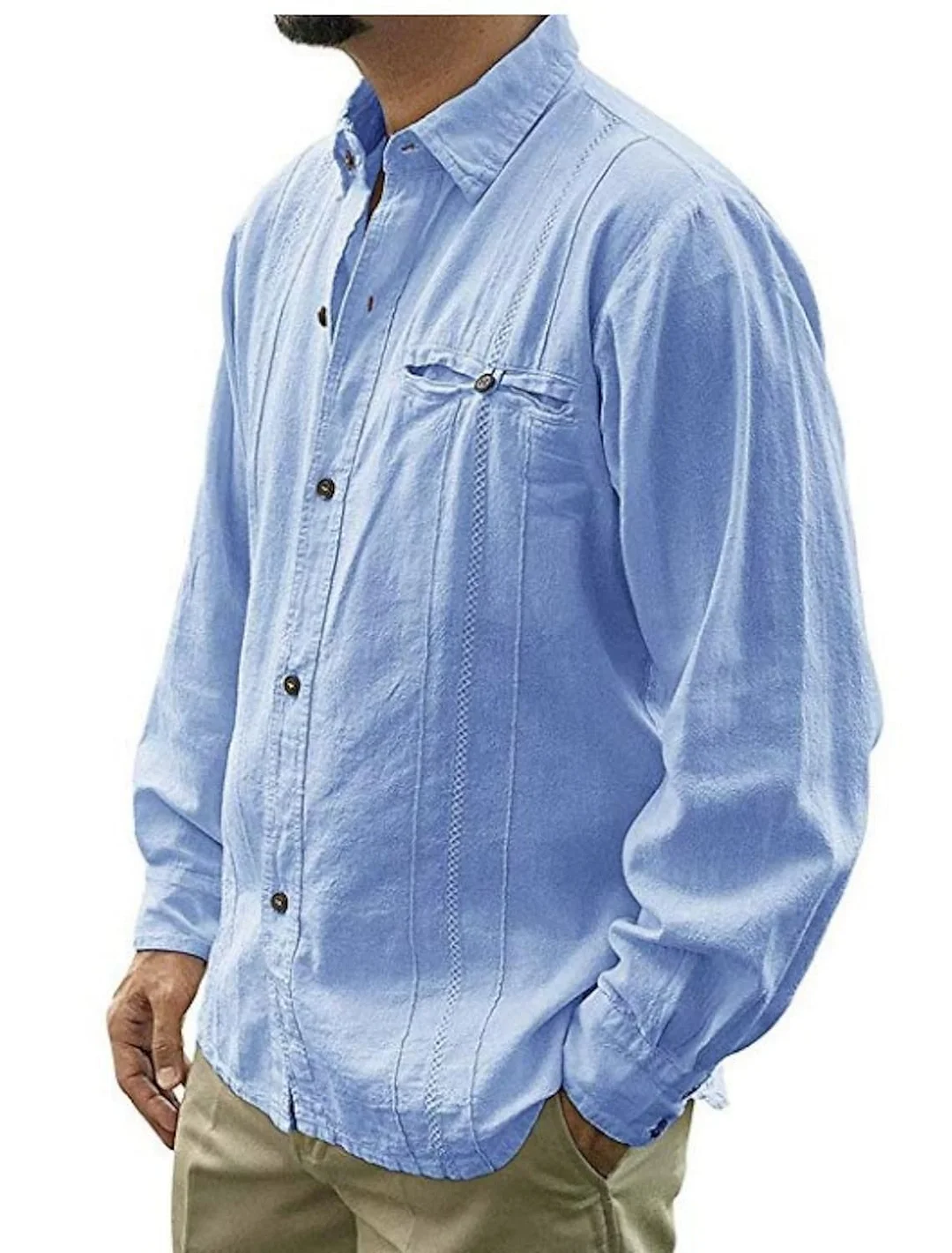 Mens Guayabera Shirt Cuban Long Sleeve Button Down Shirts Collared Tees Beach Plain Tops Linen