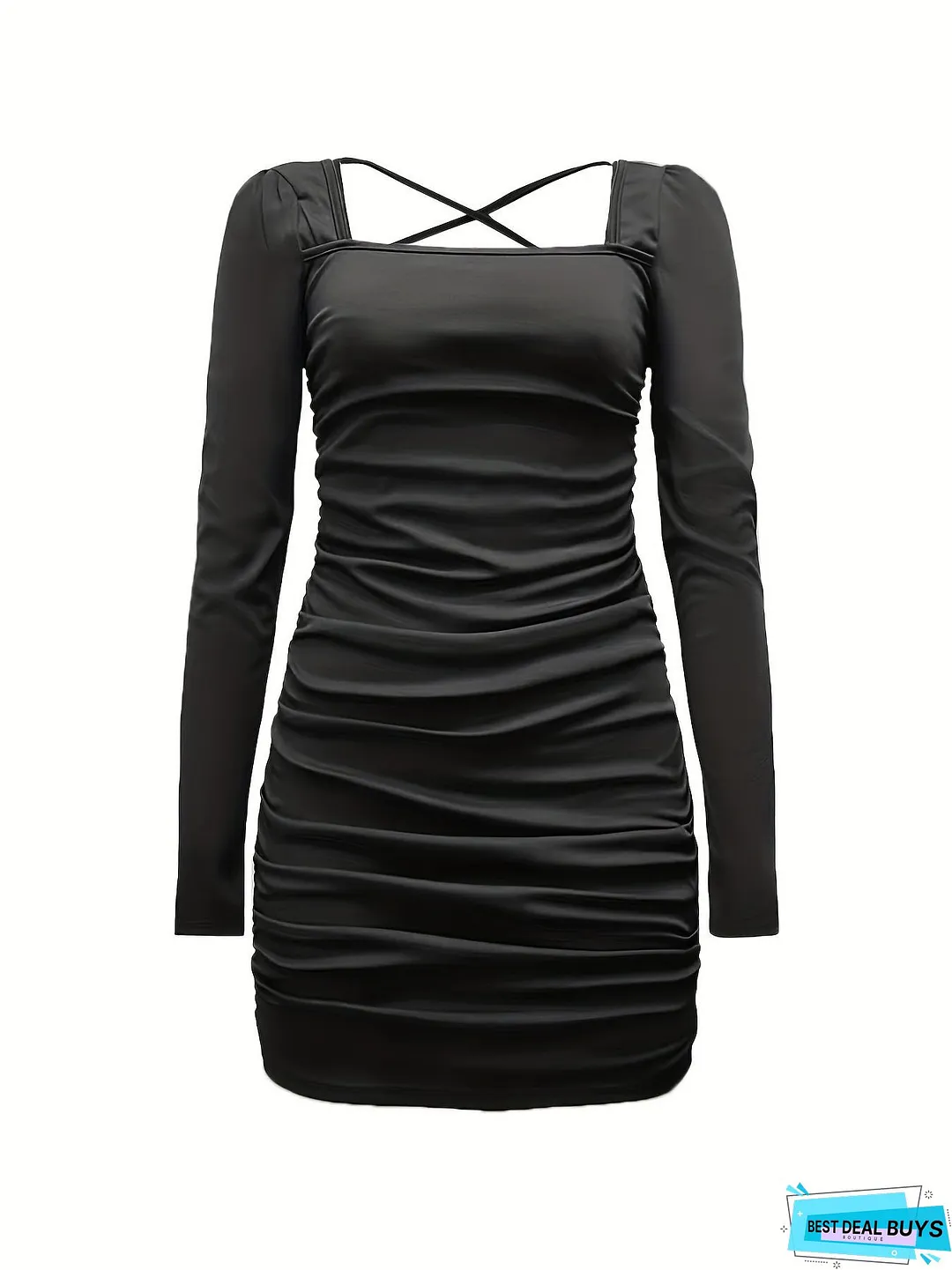 Backless Ruched Dress, Sexy Squared Neck Long Sleeve Bodycon Dress, Women's Clothing