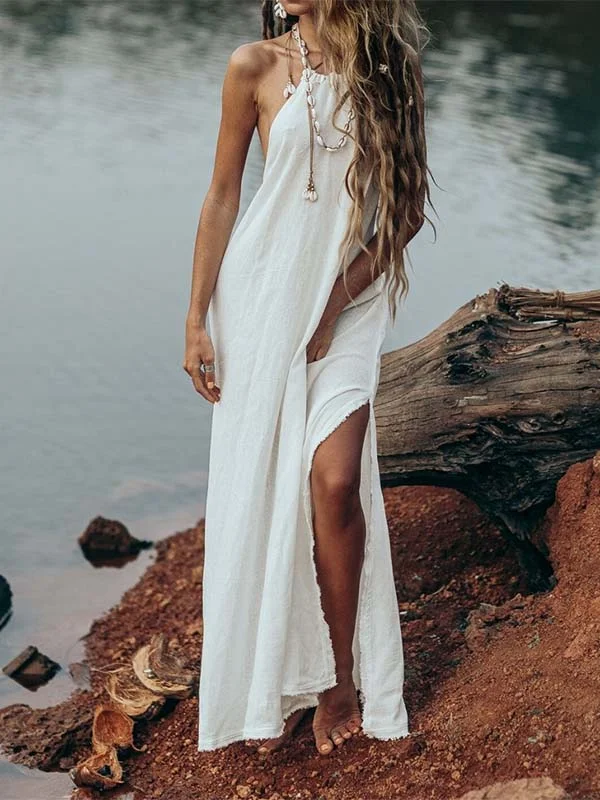 Ladies Linen Halter Split Dress-Mayoulove