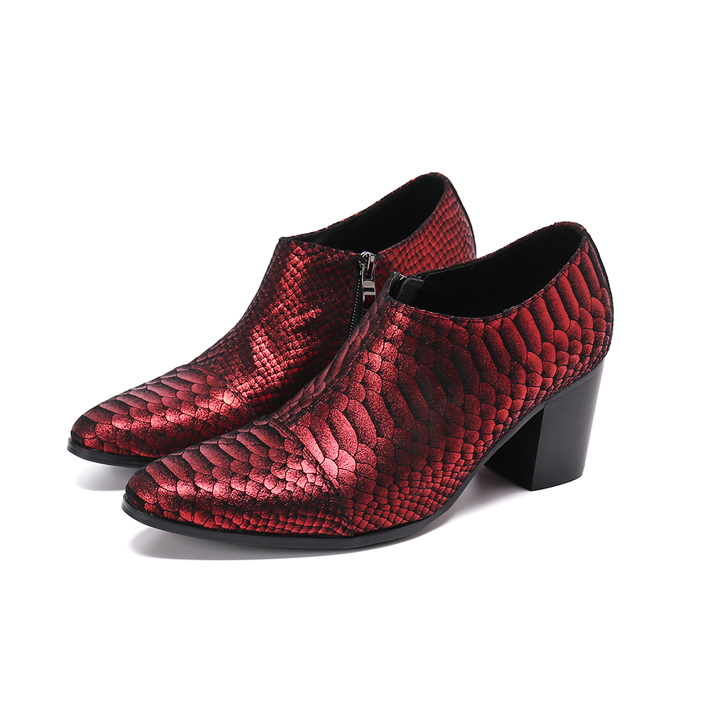 VCSHOES Wine Red Snakeskin Leather Men's Dress Shoes 6.5cm High Heels Pointed Toe Zip Man Wedding Party Shoes