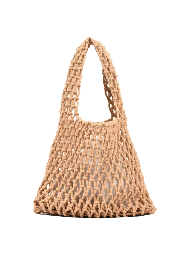 Cotton Thread Handbags Straw Woven Hollow Net Beach Vacation Purse (Coffee)