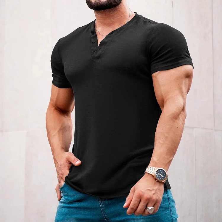 Vintage Classic Solid Color Henley Collar Short-Sleeved T-Shirt
