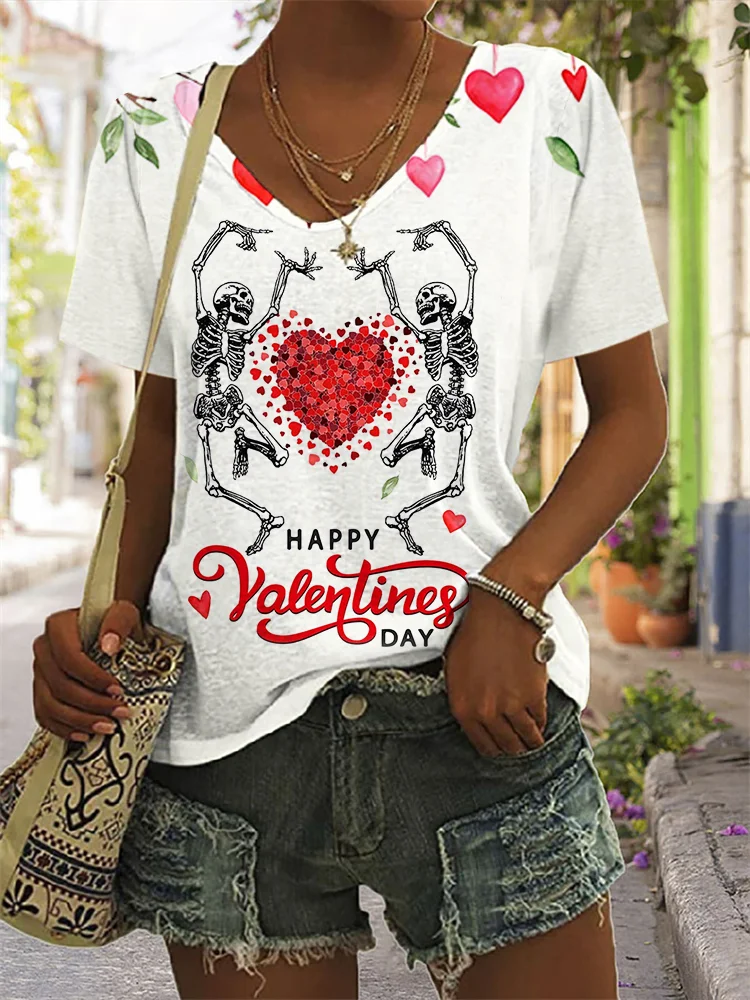 Happy Valentine's Day Print V Neck Short Sleeve T Shirt