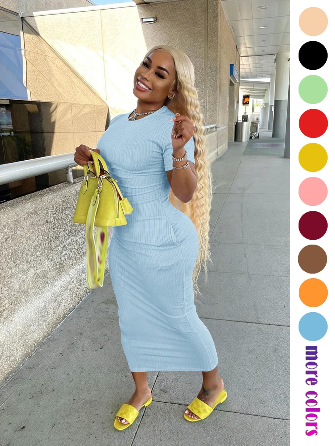 Threaded Elastic Solid Color Bodycon Dress, Breathable Elastic Party Outing Travel Pocket Long Dress, Summer Dress, Everyday Casual Wear, Womenswear