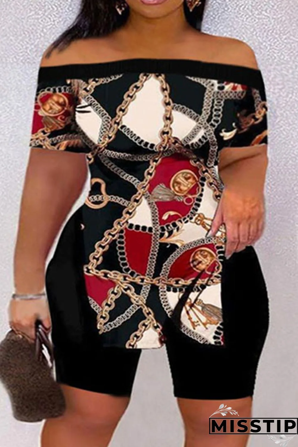 Black Red Casual Print Slit Off the Shoulder Short Sleeve Two Pieces