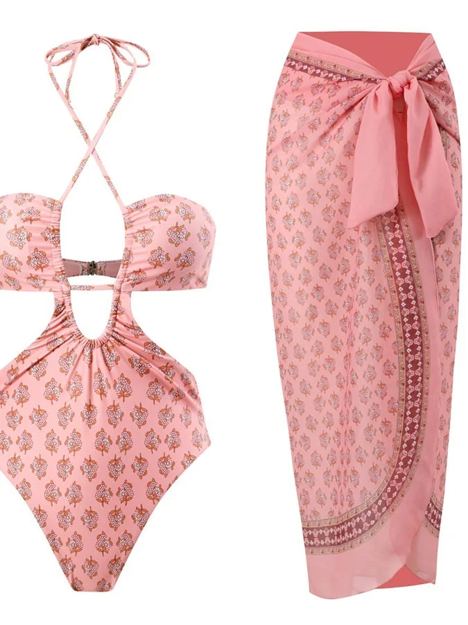 Moroccan Printed Pleated Hook Hanging Swimsuit