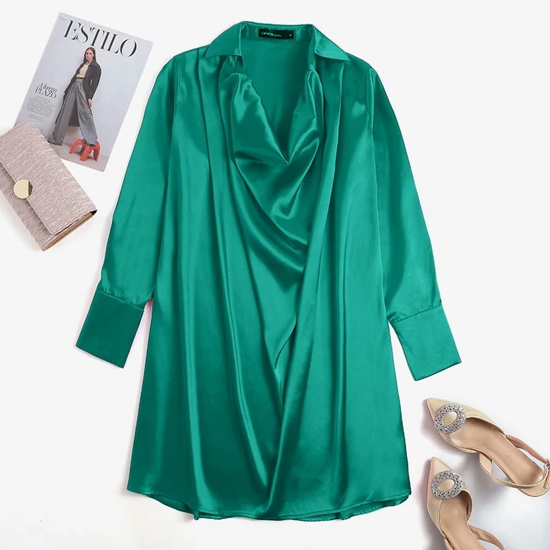 Celmia Elegant Party Dress Women Sexy Pleated Long Sleeve Satin Mini Dress Lapel Swing Collar Casual Loose Shirt Dresses Robe