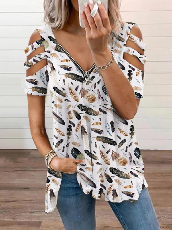 Feathers Pattern Hollow Shoulder Zip Up T Shirt