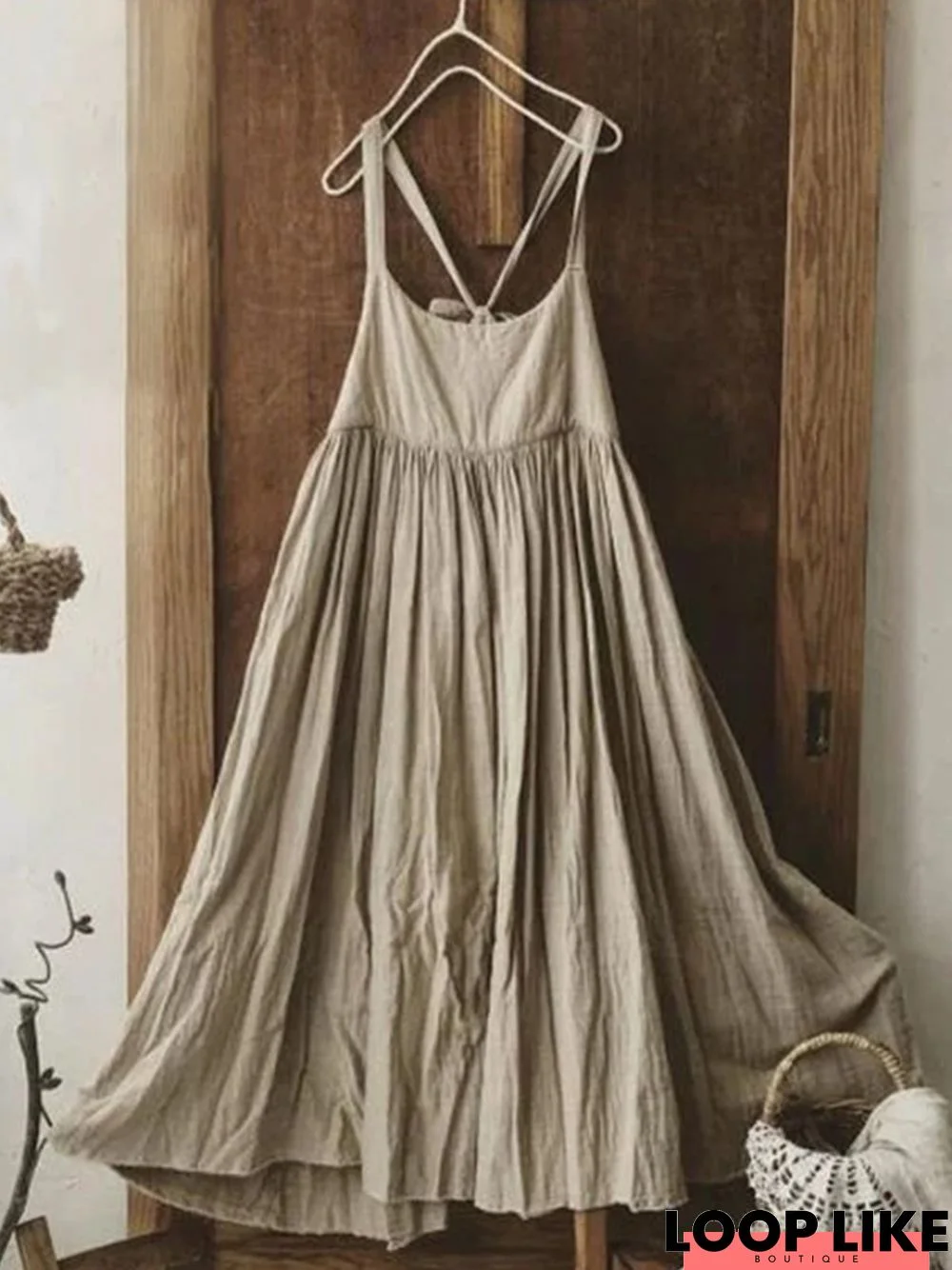 Vintage Plain U-Neck Sleeveless Casual Weaving Dress