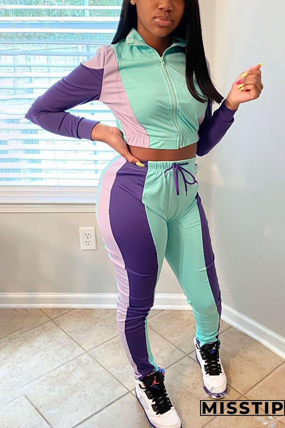 Green Sportswear Solid Patchwork O Neck Long Sleeve Two Pieces