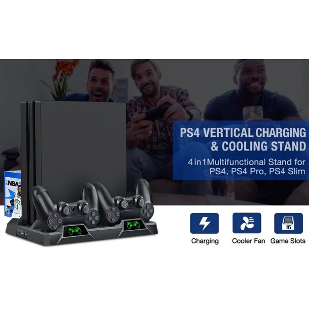 DinoFire PS4 Stand Cooling Fan for PS4 Slim/PS4 Pro, Vertical Stand Cooler with Dual Controller Charge Station-Black