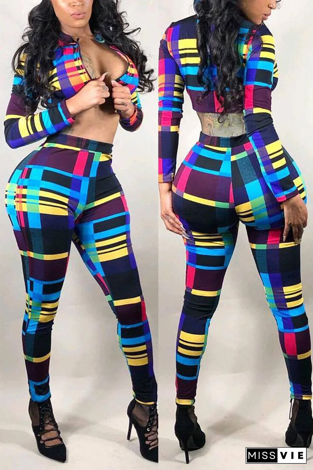 Fashion Sexy Print Basic Zipper Collar Long Sleeve Two Pieces