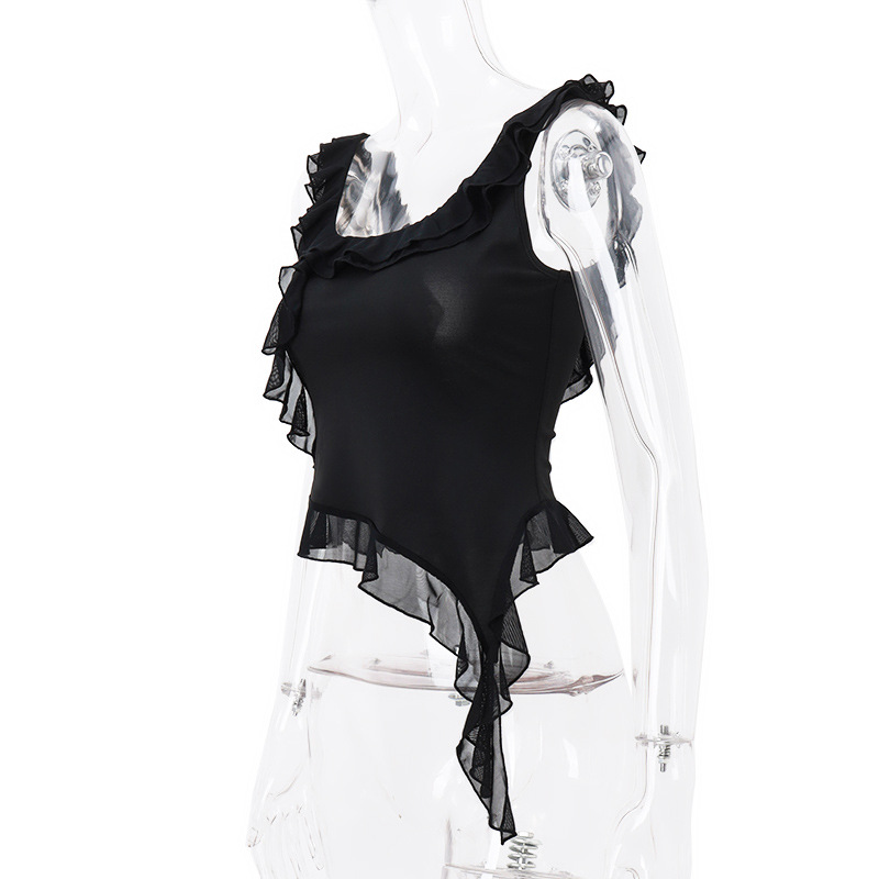 Ootddress Casual Backless Ruffled Y2k Top Vest Patchwork Strapless High Street Top Fashion Cute Solid Scoop Neck Tank Top Pullover