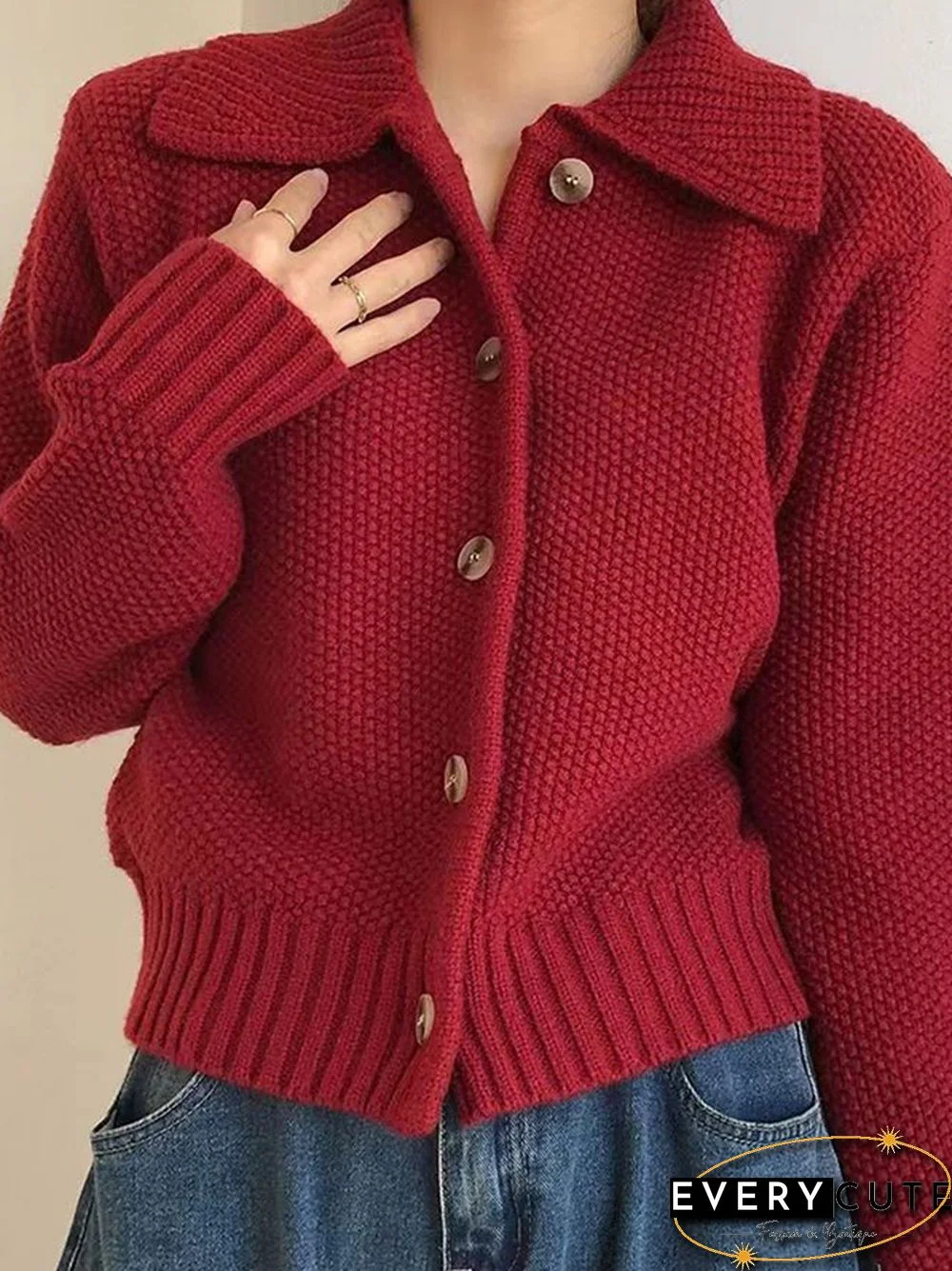 Solid Color Lapel Neck Breasted Knit Cardigan