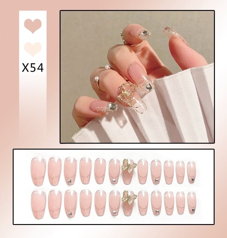 Aurora Transparent Fake Nails Tips for Finger Wear Crystal Ice Clear Butterfly Press on Nails Long Bow Ballet Diamond False Nail