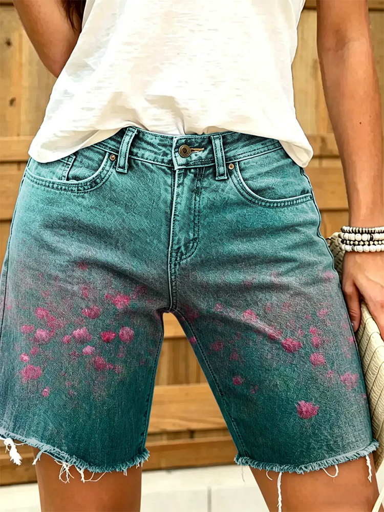 Women's Abstract Floral Print Frayed Hem Denim Bermuda Shorts