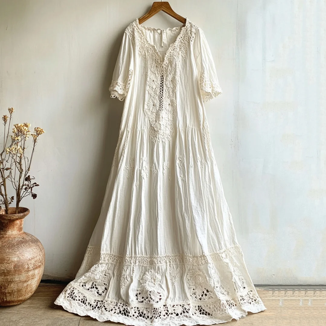 Elegant Floral Lace Cutout Linen Dress