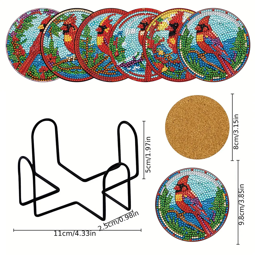 8pcs DIY Stained Glass Cardinal Diamond Painting Coasters Kits Acrylic Full Drill Coaster Single Side Diamond