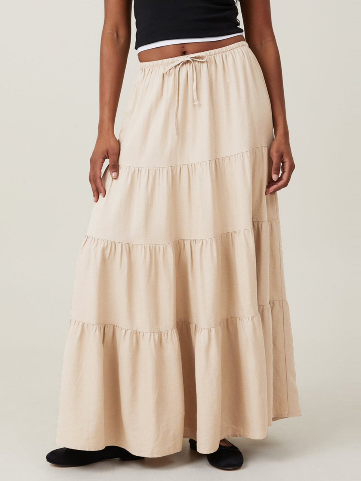 Casual High Rise Elastic Waist Lace-Up Tiered Maxi Skirt