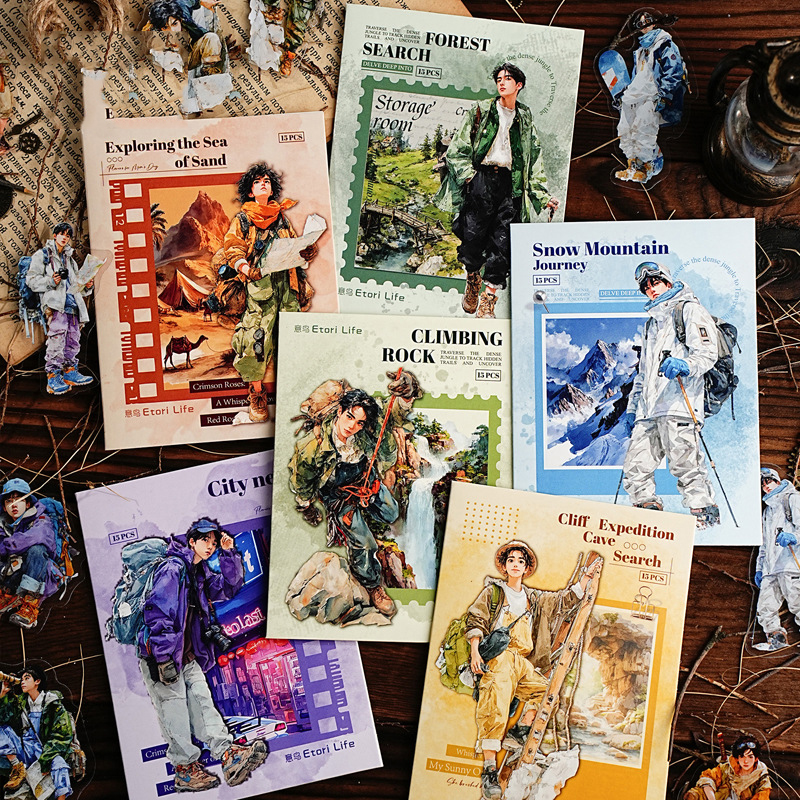 PET 스티커 - 어드벤처 저니 시리즈 빈티지 캐릭터 산 나무 풍경