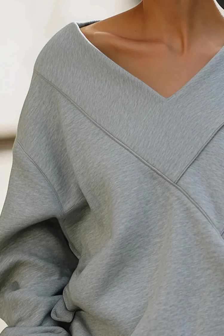 Plus Size Daily Grey V Neck Long Sleeve Cut Out Casual Blouses [Pre-Order]