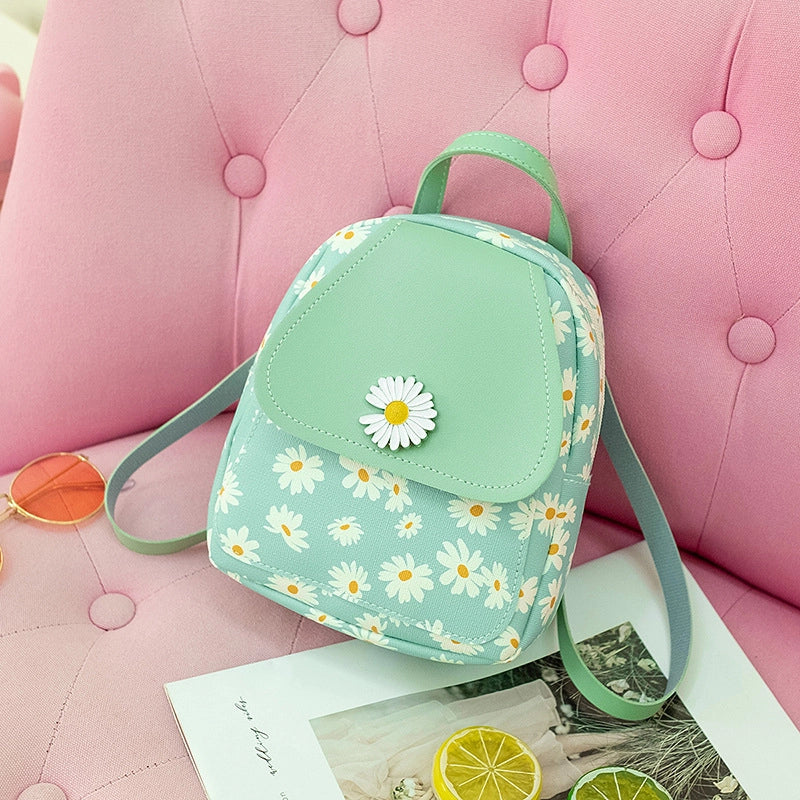 Women’s Small Pu Leather Daisy Cute Streetwear Square Zipper Zipper Backpack