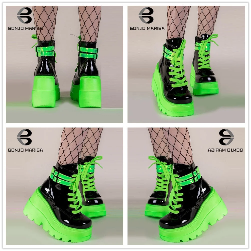 BONJOMARISA New Arrrivals Brand Platform High Wedges Motorcycle women's Boots Light Green Lace Up Punk Goth Autumn Winter Shoes