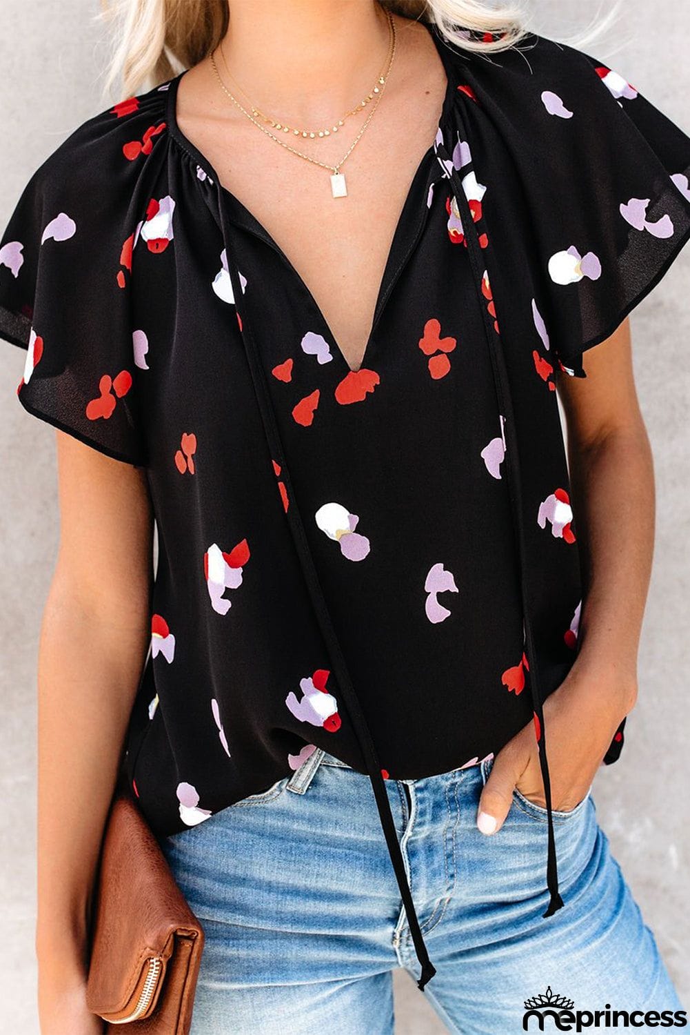V-neck Short Sleeve Fashion Print Fantasy Fluttering Blouse