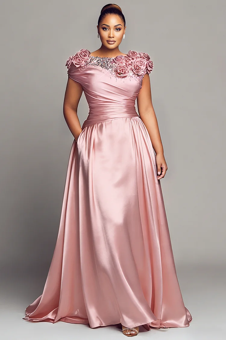 Xpluswear Design Plus Size Formal Pink Boat Neck Cap Sleeve Short Sleeve 3D Drilling Satin Maxi Dresses [Pre-Order] 2024 - Xpluswear