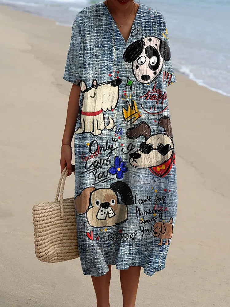 Women's Cute Dog Art Print Flowy Dress