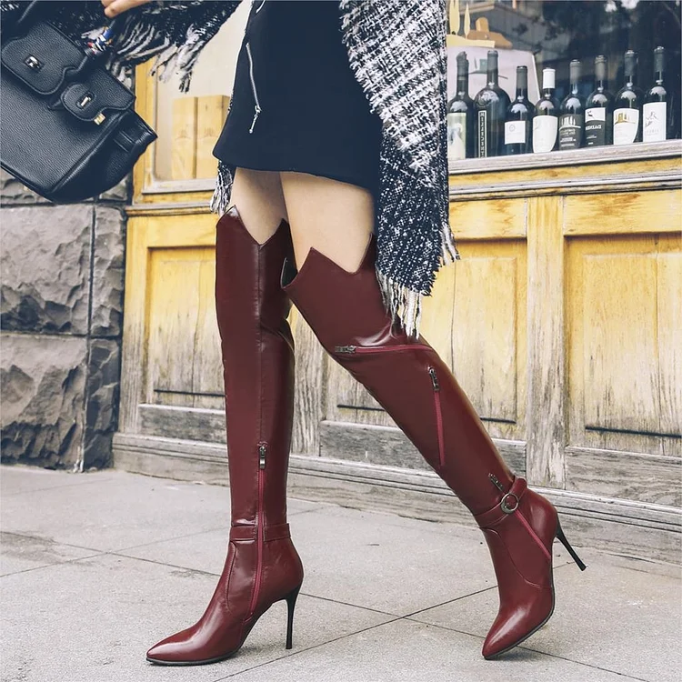 Burgundy Zips Buckles Over-the-knee Stiletto Boots Vdcoo