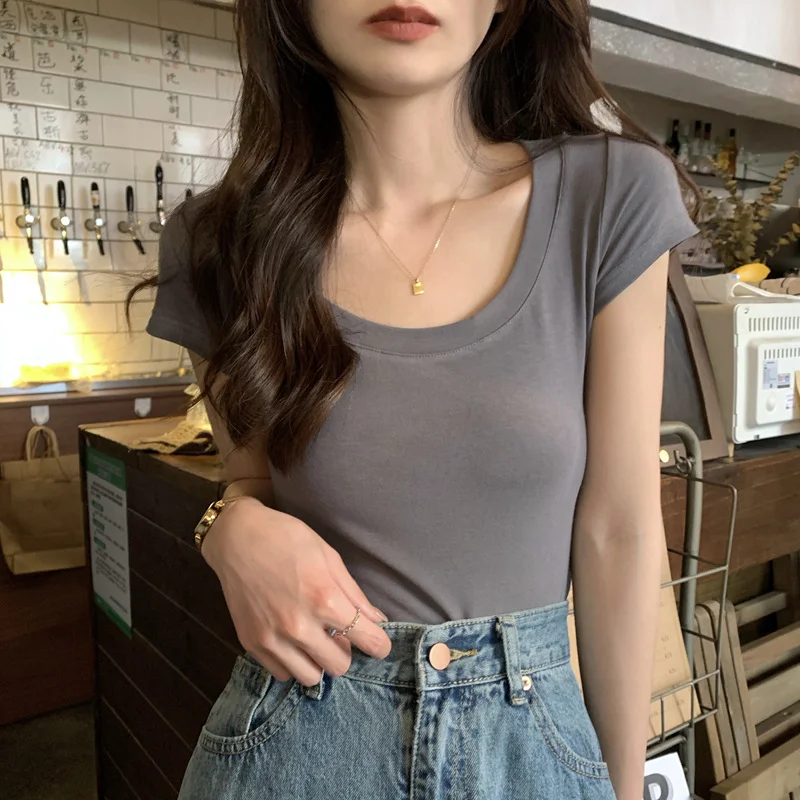 Brownm Brownm Color Casual Versatile Short-Sleeved T-Shirt Women With A Bottom Shirt 2024 Summer Slim U-Collar Student Jacket Ins Tide