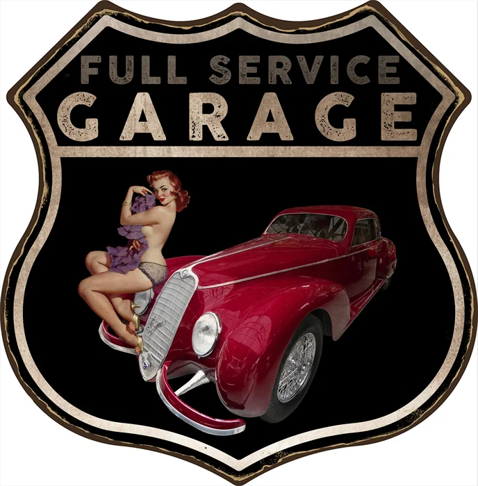 Pin up girl garage - shield vintage en étain enseignes - 11.8x11.8inch