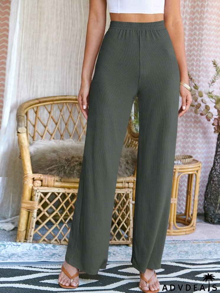 Elastic Waist Rib-knit Wide Leg Pants