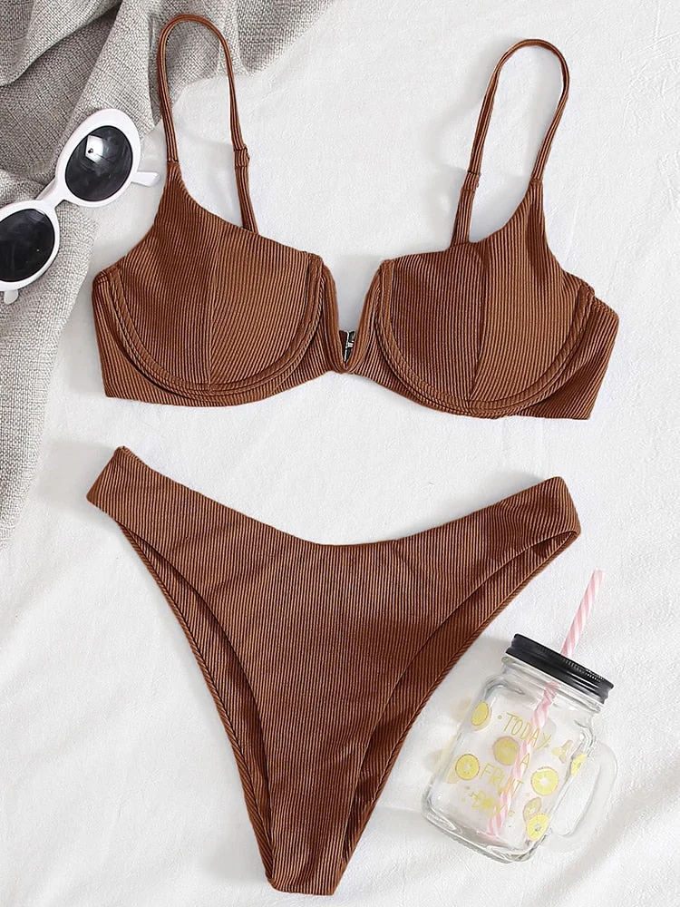 INGAGA Sexy Push Up Bikini V-wired Women's Swimsuit 2022 New Ribbed Swimwear Solid Bathing Suits High Cut Biquinis Set Beachwear
