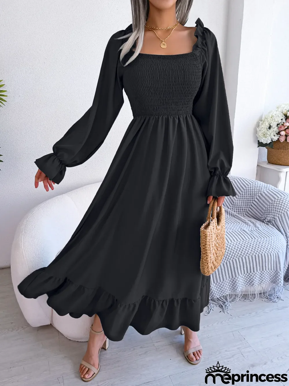 Women Casual Square Neck Bell Bottom Ruffle Maxi Dress