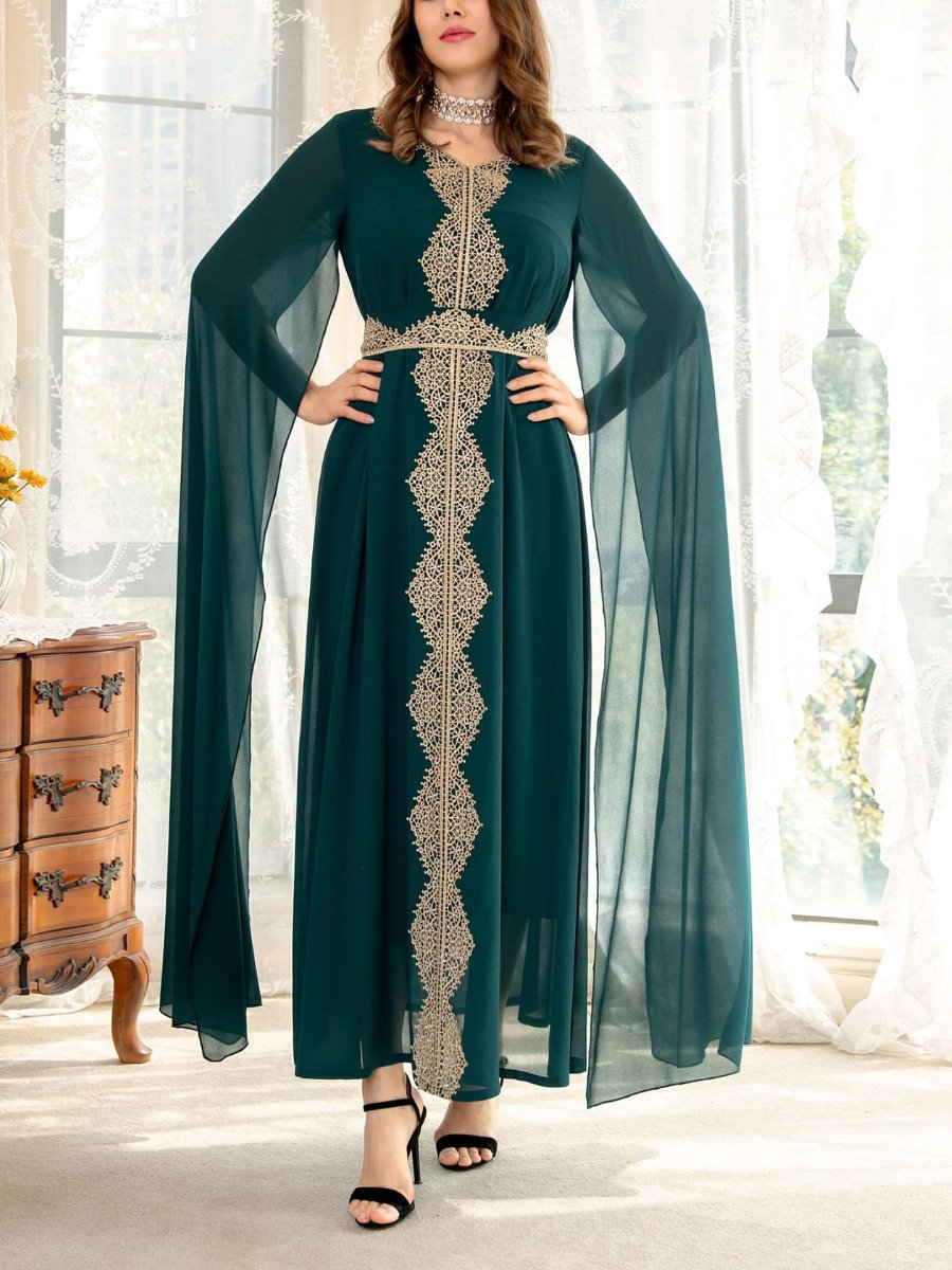 Cloak Super Long Sleeve Chiffon Lace V Neck Gown | Oxredo Shop Ramadan Sale