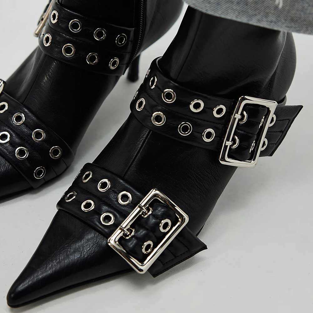 Black Grommets Buckle Strap Pointed Toe Kitten Heel Zip Ankle Boots Nicepairs