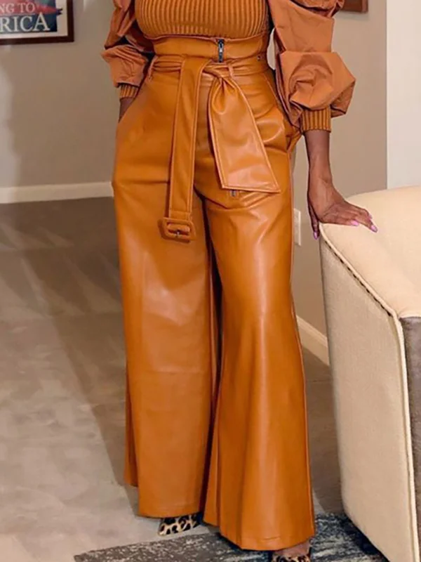 Zipper Solid Color Belted Wide Leg High Waisted Trousers Pants