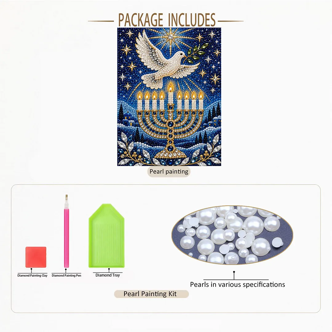 Framed Pearl Painting Kit Hanukkah Menorah Dove 11.81x15.75in