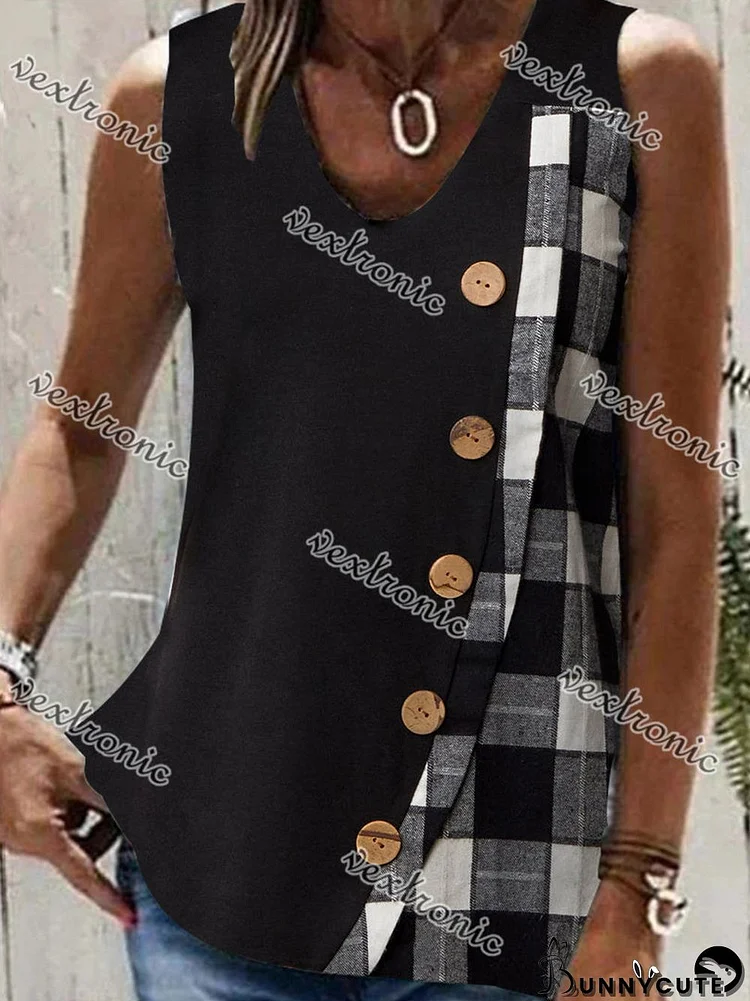 Women's Black V-neck Sleeveless Stitching Top