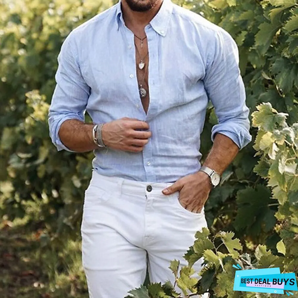 Men's Linen Shirt Shirt Summer Shirt Beach Shirt Turndown Spring & Summer Long Sleeve Black White Blue Graphic Prints Casual Daily Clothing Apparel Button-Down