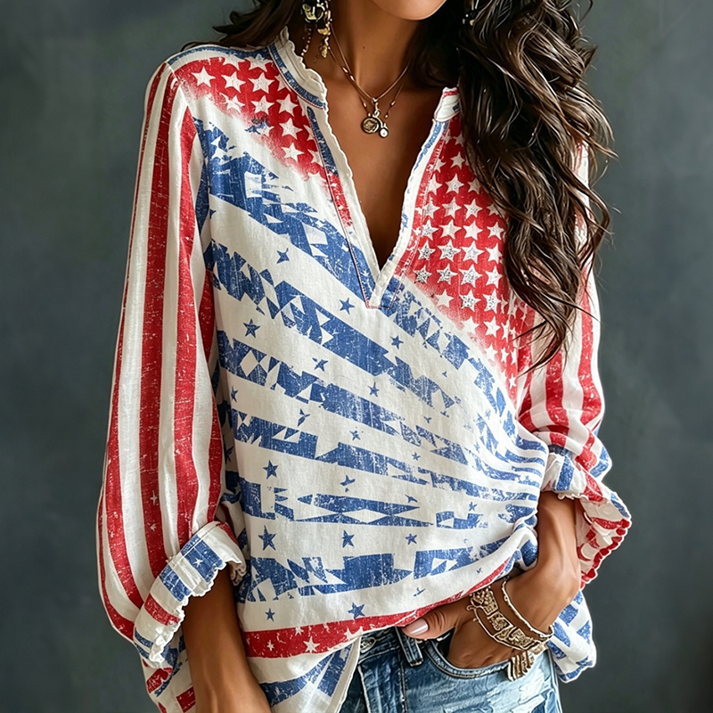  Women's Vintage Star Flag Wave Art Print Shirt Westsshops